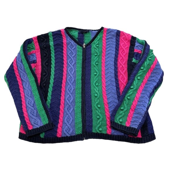 Eagle's Eye Color Block Multicolor Full Zip Vtg‎ Knit Sweater Woman's XL | - Picture 1 of 6